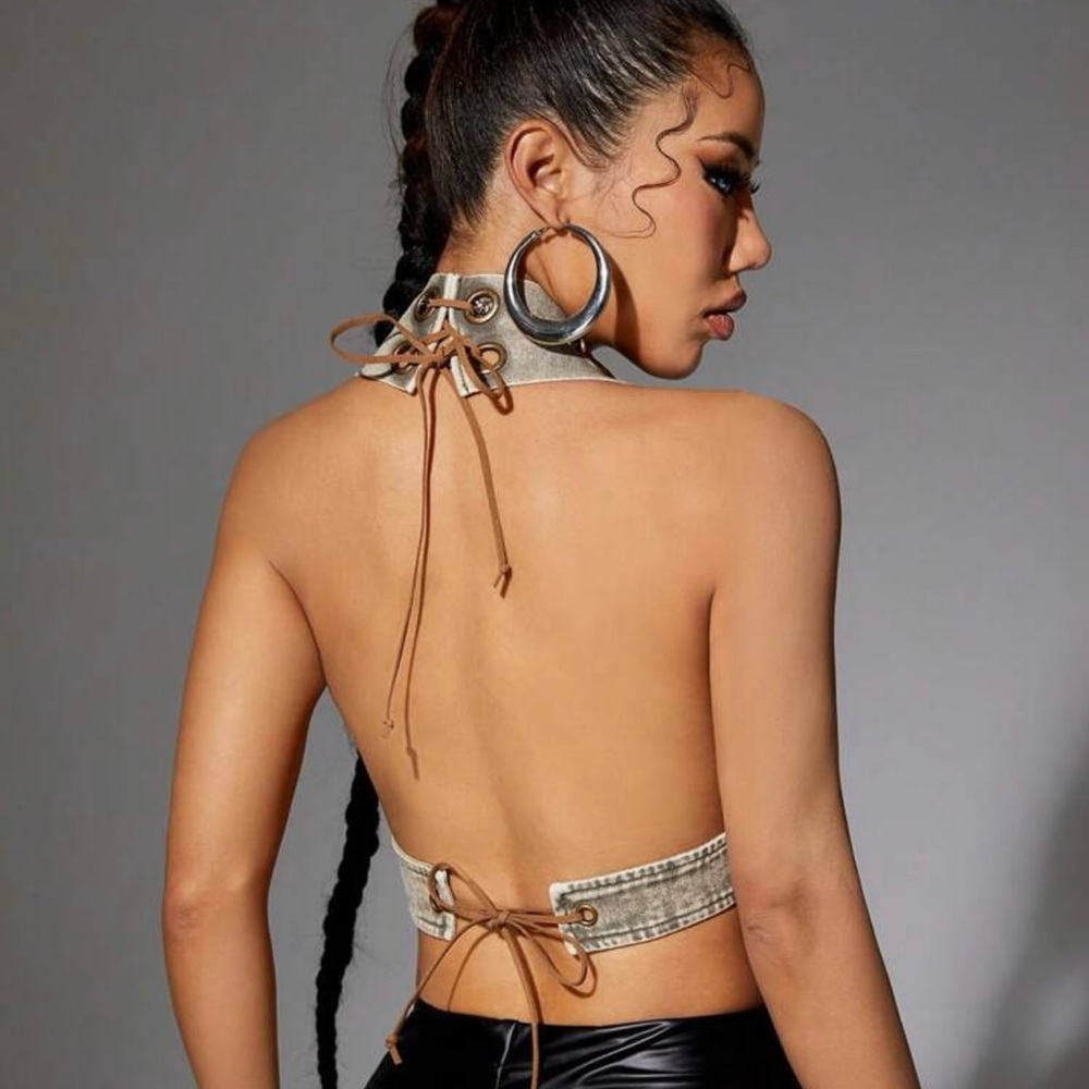 Stylish Khaki Lace-Up Women Top - Picture 2 of 4